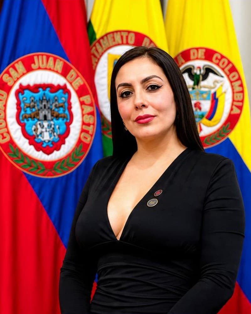 Johana Guevara, gerente comercial de Santana Inmobiliaria, frente a las banderas de Pasto, Nariño y Colombia